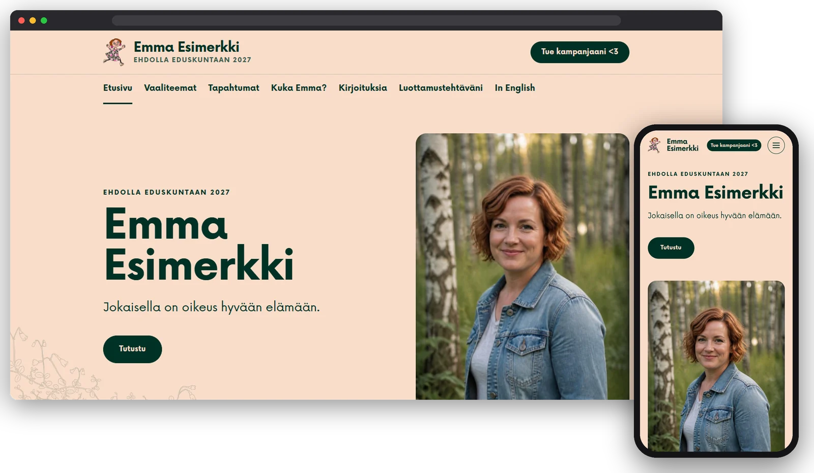 Esimerkkiehdokkaan vaalisivujen etusivu tietokoneella ja puhelimessa: persikanvärinen ilme, iso nimi, iskulause ja järvikuva, valikossa Vaaliteemat, Kuka Emma? ja Kirjoituksia.