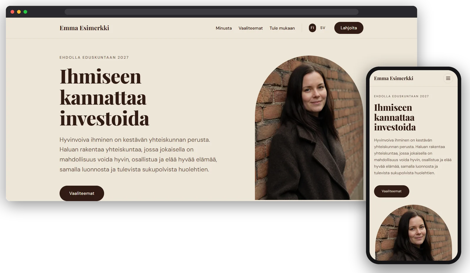 Toinen esimerkki tietokoneella ja puhelimessa: vaalea ilme ja tumma kaunokirjaintyyppinen otsikko, lyhyt esittelyteksti, kaarevaan kehykseen rajattu järvikuva ja kielivalinta suomi–ruotsi.